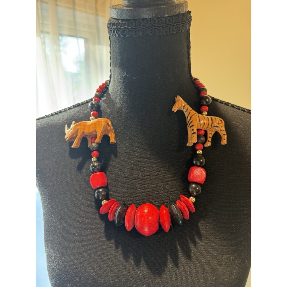 Vintage African Carved Wooden Safari Animals and Beads Necklace Rhino Giraffe